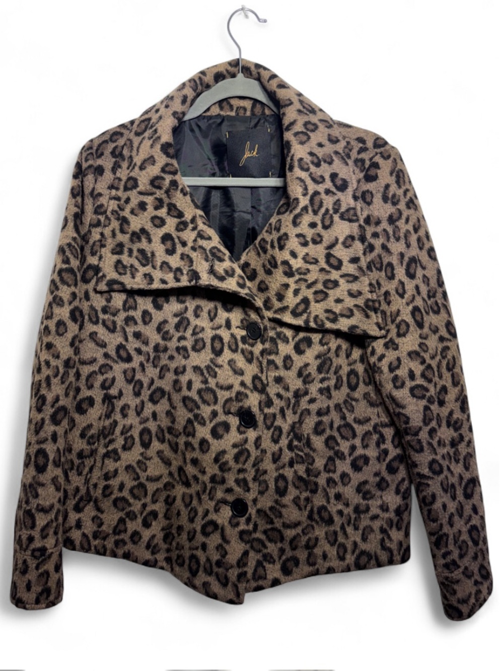 JACK by BB Dakota Womens Leopard Print Peacoat Jacket Oversized Collar Button M